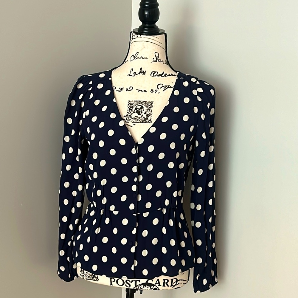 J. Crew navy and white polka dot blouse, fitted top with peplum. Size 2